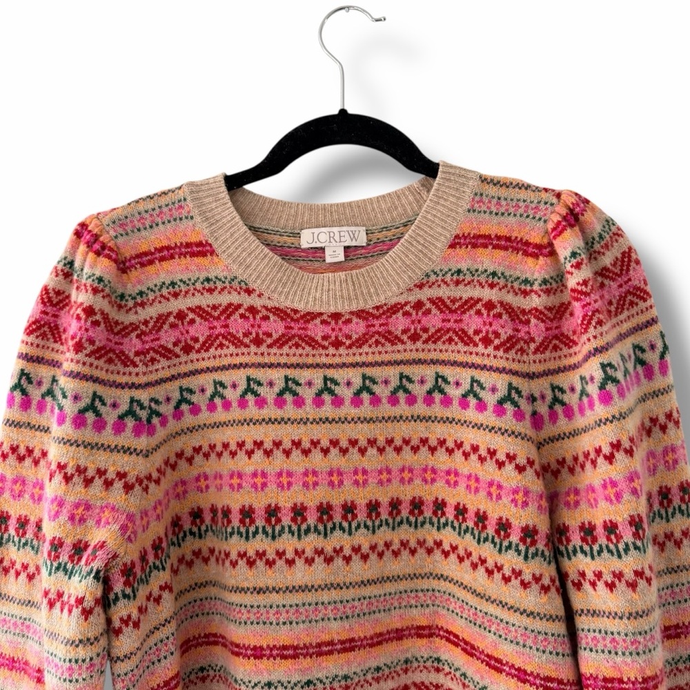 J. Crew Cream Fair Isle Crewneck Sweater with Pink, Red & Green Accents - Picture 4 of 9